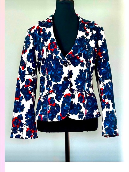 Moschino Jeans Jackets & Blazers - Chic Vintage Moschino Jeans White Cotton Blazer with Navy and Red Floral Print